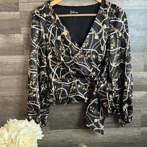 Women's Blouse Top Satin V-Neck Faux Wrap Long Sleeve